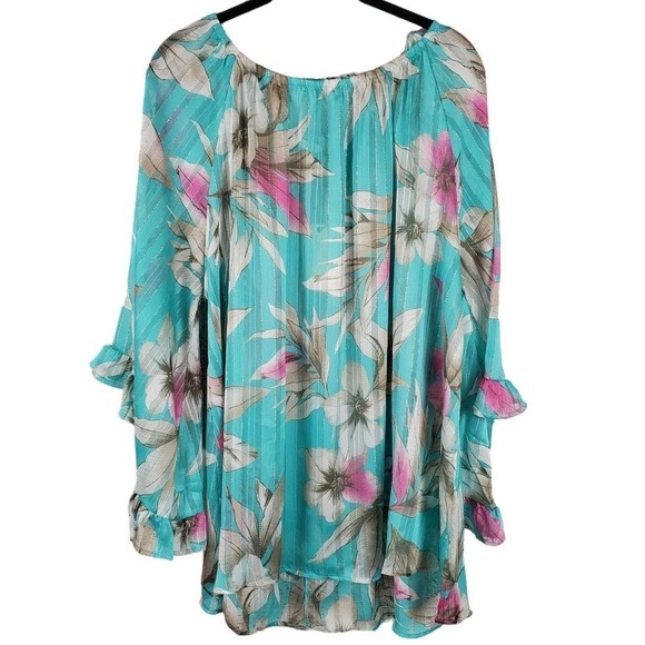 Easel Los Angelese Teal Floral Tunic Ruffle Sleeves Blouse Top Size Large NEW - Picture 1 of 9